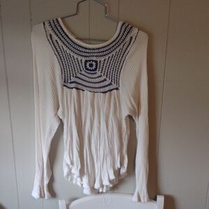 Free People White and Navy Crochet Accent Blouse